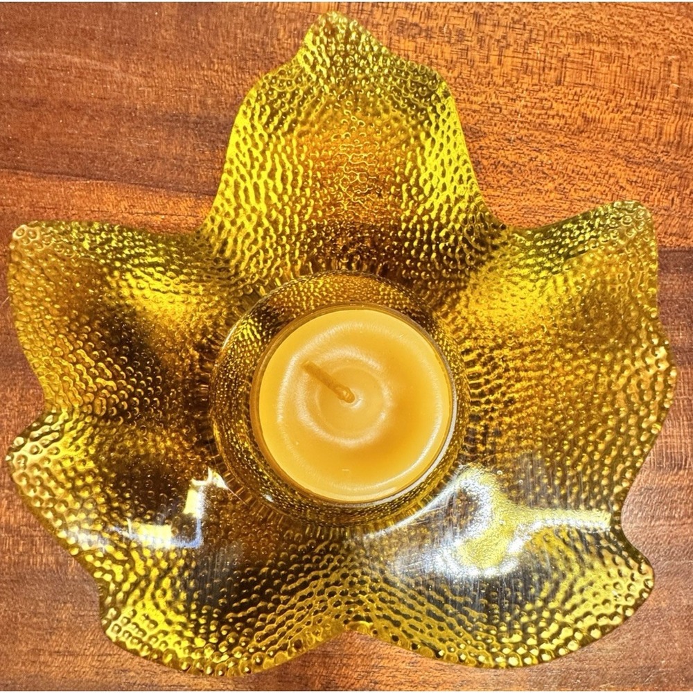Amber Glass Leaf Candle Holder MCM Style Textured Decor